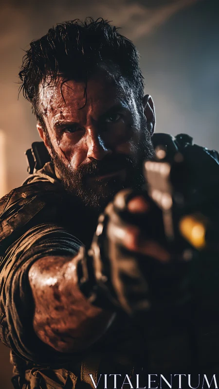 Battle-worn soldier aiming handgun in cinematic close-up.