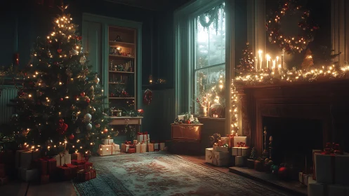 Interior room with decorated Christmas tree and fireplace.