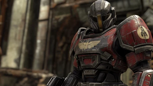 Armored sci fi guardian standing strong in worn red armor.