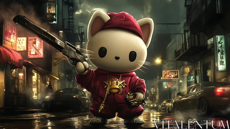 Chibi gangster cat in neon-lit rainy alley rendered cinematically