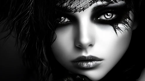 Monochrome gothic portrait of woman with lace mask.