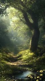 Sunlit Forest Sanctuary with Ancient Oak and Babbling Stream.