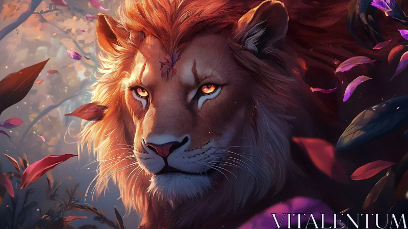 Majestic lion portrait in glowing fantasy forest scene.