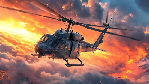 Combat helicopter banking through incendiary sunset clouds.