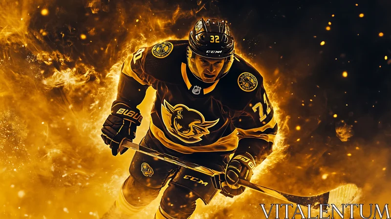 Hockey player in black and gold uniform amid fiery glow.
