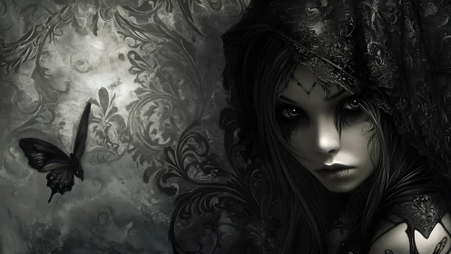 Gothic girl and dark butterfly in ornate grayscale scene.