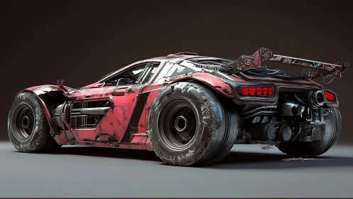 Armored red cyber racer with distressed bodywork rendering.