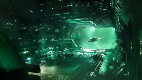 Vast green-lit hangar frames starship launch through luminous void