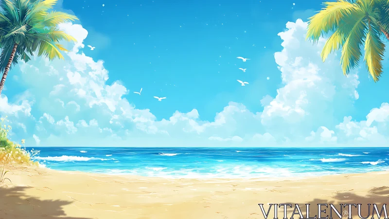 Tropical Beach Paradise with Palm Trees and Cumulus Sky