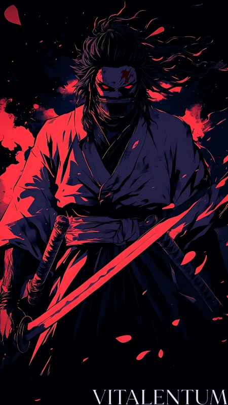 Crimson-lit samurai stands powerful amid swirling embers