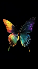 Prismatic butterfly hangs like liquid light in midnight air