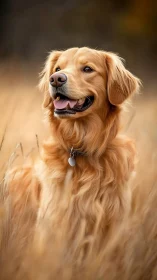 Golden retriever sitting in tall dry grass outdoors.