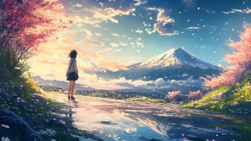 Springtime mountain vista with reflective path and schoolgirl.