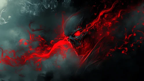 Demonic skull wreathed in red smoke on dark background.