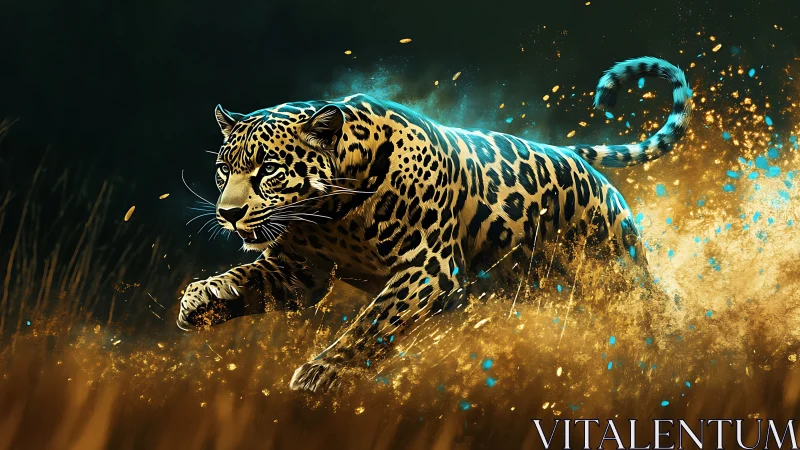 Glowing Leopard Bursts Through Golden Particle Storm.