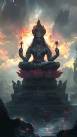 Divine blue deity levitates on flaming lotus in misted ruins
