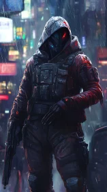 Rain-soaked cyber hunter stalks neon streets with silent poise