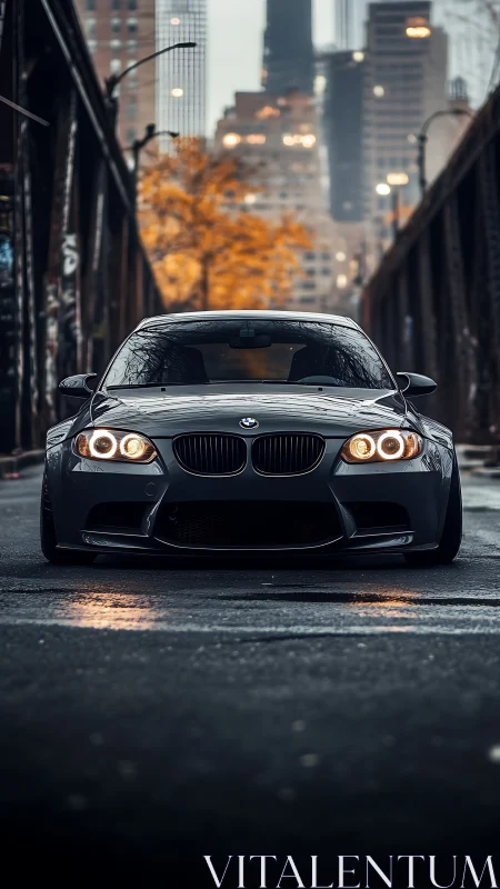 Low stance BMW sedan on wet city bridge at dusk.