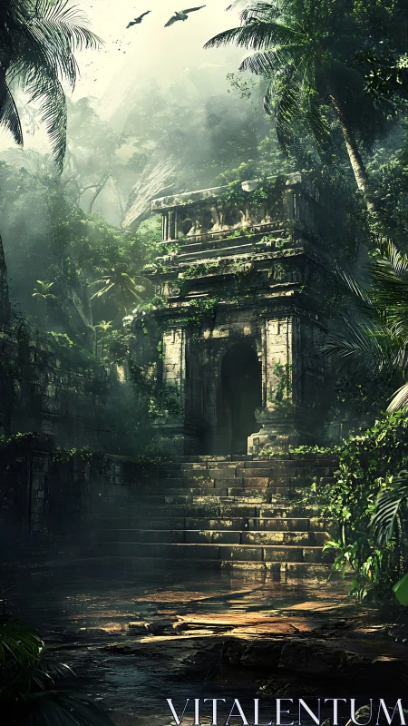 Jungle temple doorway swallowed by emerald mist and memory.
