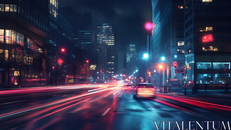 Night city street shows long exposure traffic light trails