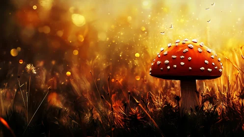 Sunlit toadstool crowns a meadow of drifting golden sparks