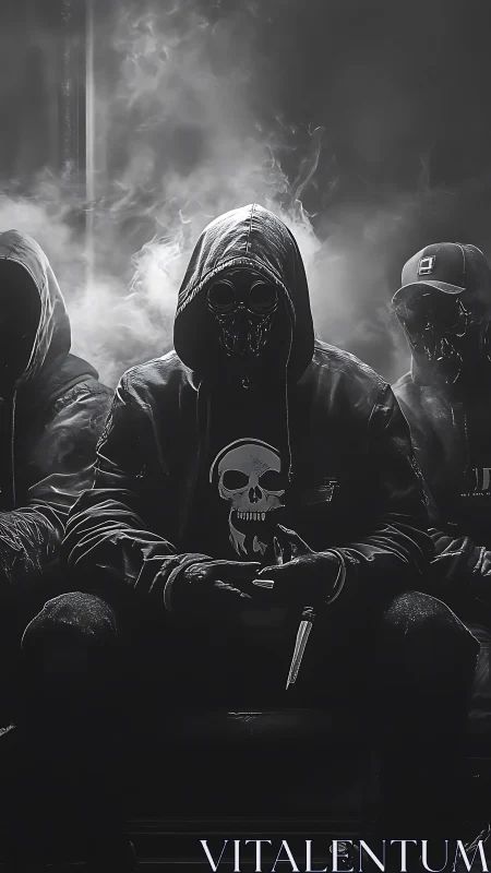 Hooded masked figure sits in smoke with ominous skull emblem.