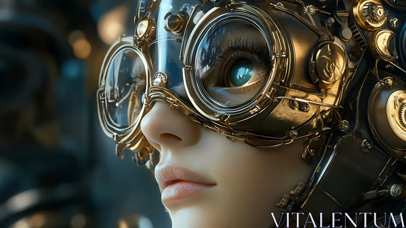 Cybernetic portrait with chrome optics and teal reflections.