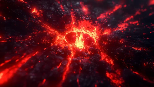 Molten crater with central lava pool in dark terrain.