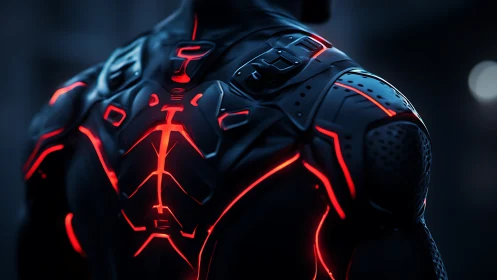 Neon‑lit cyber armor backplate in moody blue bokeh glow.
