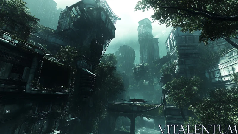 Overgrown futuristic cityscape shows decayed towers in rain