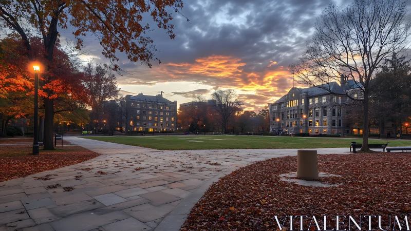 Photorealistic autumn campus quad at dusk with symmetry-focused framing.