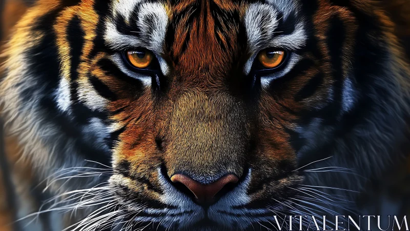 Close frontal view of a tiger face with detailed fur patterns.