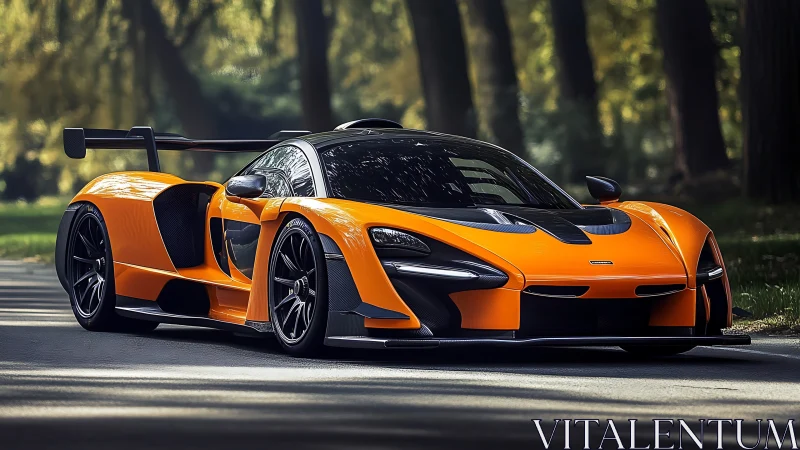 Orange track-focused supercar on shaded forest road.