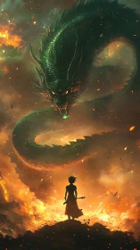 Warrior confronts colossal dragon in burning sky scene.