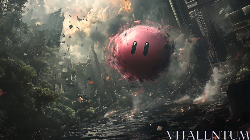 Pink spherical character hovers in ruined overgrown city