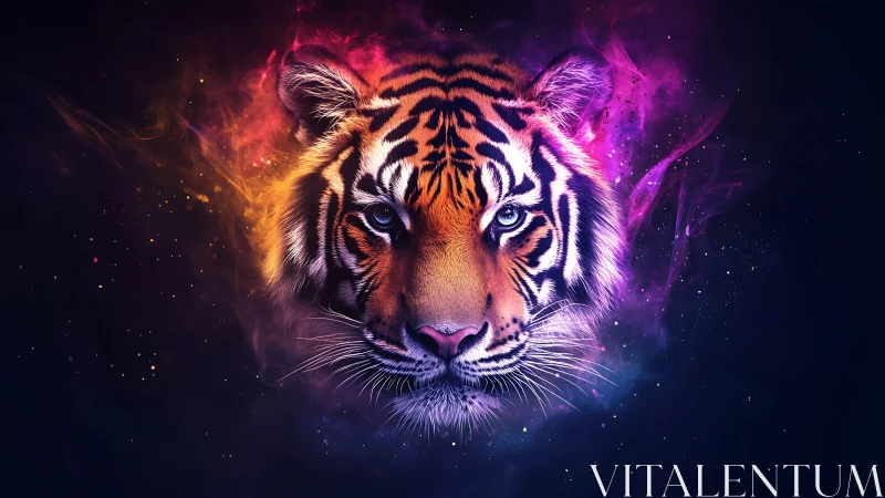 Neon cosmic tiger portrait with vivid glowing nebula.