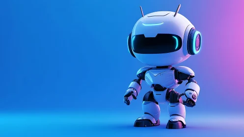Futuristic chibi robot under neon blue and magenta rim light.