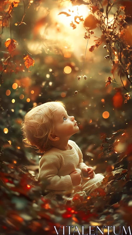 Toddler in luminous autumn bokeh grove under warm backlight