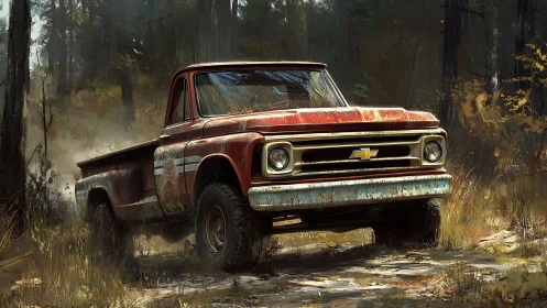 Old Chevrolet pickup truck moves along rough forest track