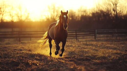 Brown horse runs through sunlit pasture at golden hour