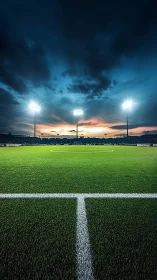 Floodlit soccer field glows warmly under a dramatic sunset sky