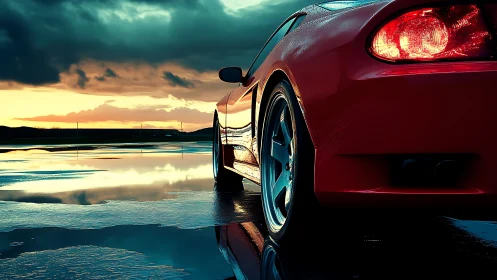 Crimson supercar prowls wet asphalt beneath stormlit sunset.