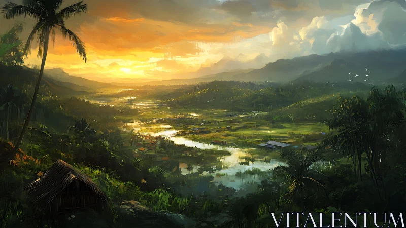 Tropical valley sunrise over reflective rice terraces.
