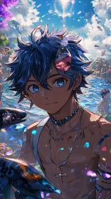 Blue-haired boy wades through koi-filled sunlit water.