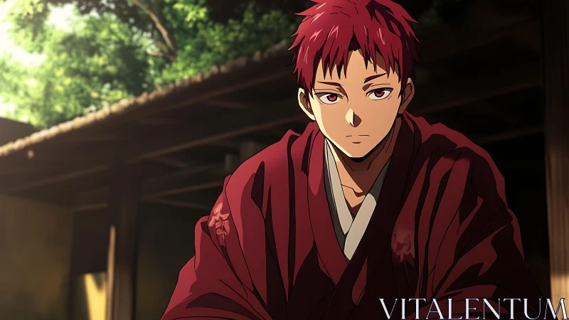 Quiet red-haired samurai in soft afternoon courtyard light.