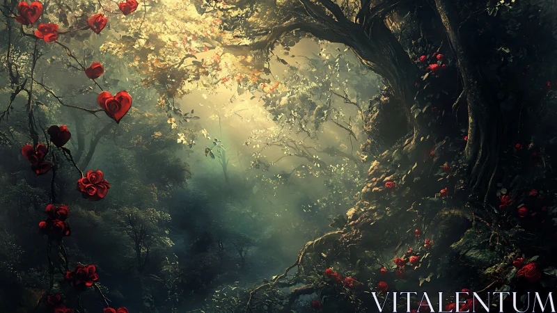 Whispering heart-vine forest under spellbound golden light.