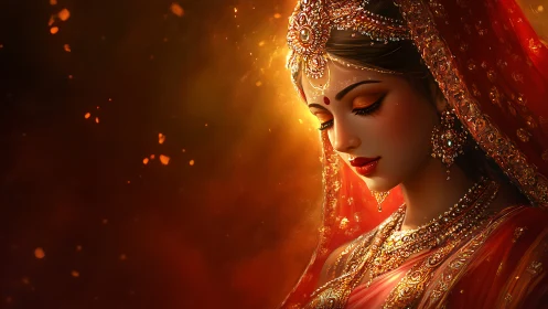 Digital painting portrait of bridal woman in warm light.