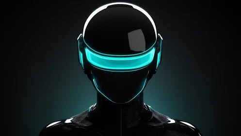 Futuristic android portrait with neon visor glow.