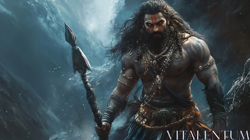 Warrior demigod with spear in stormy mountain ravine.