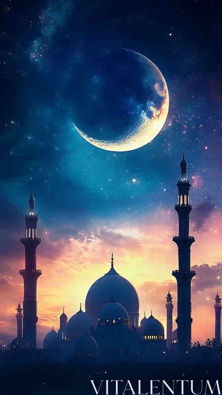 Crescent moon above silhouetted domed mosque at dusk sky.